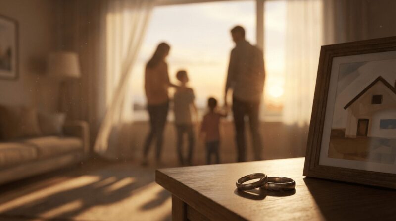 机に置かれた結婚指輪の後方に新しい家族のシルエットがある画像