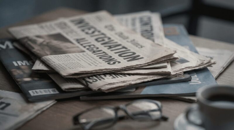 机に複数の新聞紙が積み上げられている様子