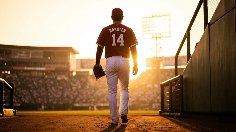 球場に入る投手の後ろ姿の画像