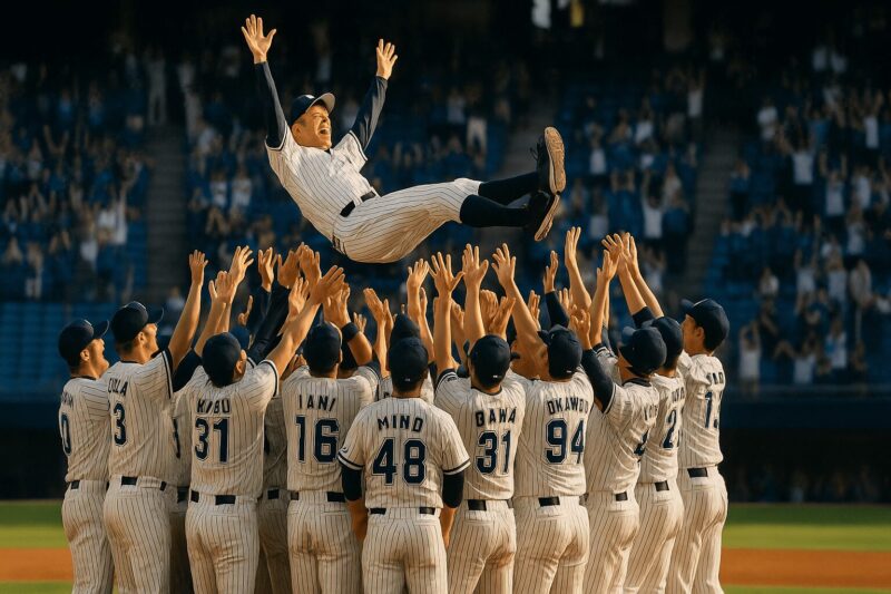 優勝したチームが胴上げをしている