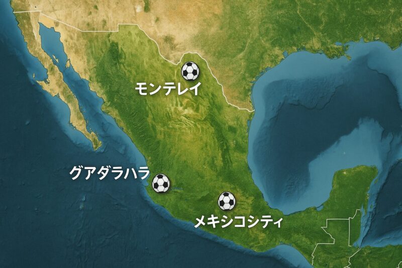メキシコの地図でメキシコシティ・グアダラハラ・モンテレイに印あり
