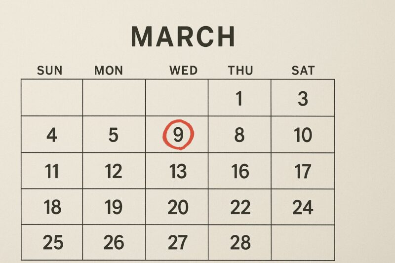 シンプルな無地のカレンダー、3月9日に印あり