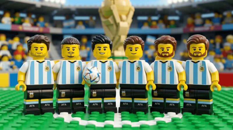 アルゼンチン代表のユニフォームを着たレゴの人形6体が並んでいる画像