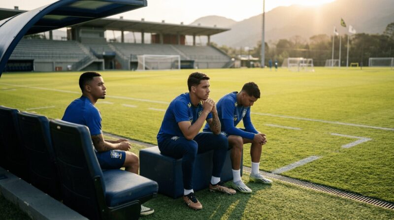 芝生の練習グラウンドのベンチで俯いて座る3人のサッカー選手の画像