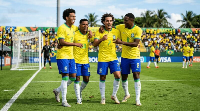 肩を寄せ合って喜ぶブラジル代表ユニフォームを着た4人の選手の画像