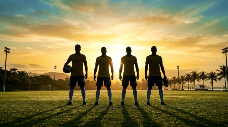 夕日をバックにして立つ4人のサッカー選手の画像
