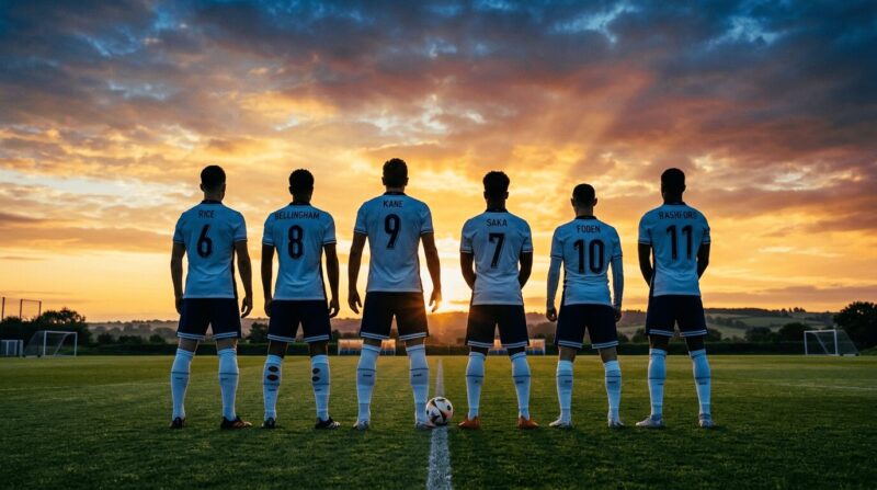 夕日を背景に立つ6人のイングランド代表選手のシルエット