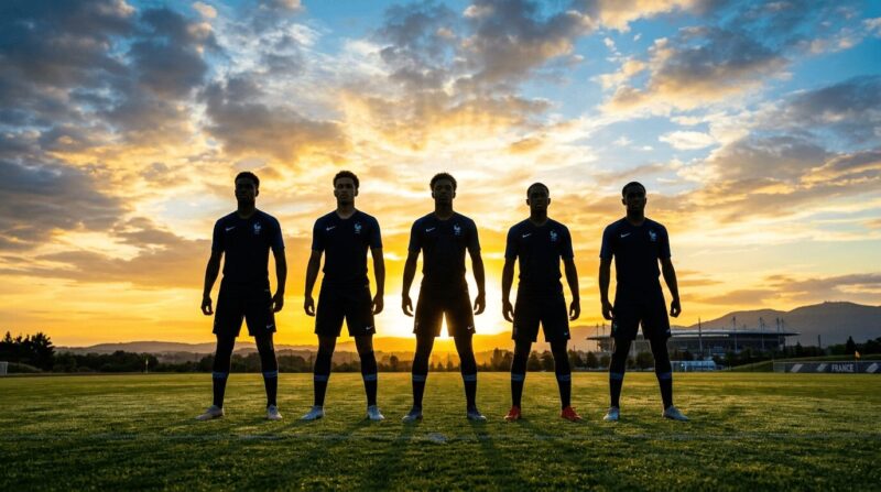 夕日をバックに5人のサッカー選手が立っている画像、逆光でシルエットになっている