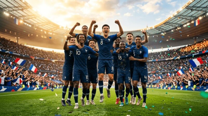 フランス代表風のサッカー選手が集まって喜んでいる画像