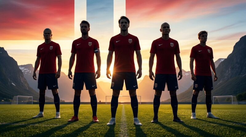 5人のサッカー選手のシルエットの背景にノルウェーの国旗が空にうっすらと浮かぶ