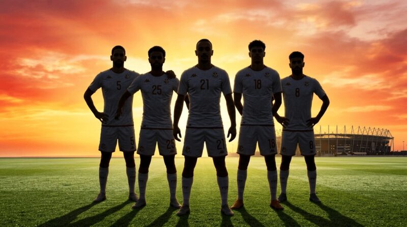 チュニジア代表の選手5人が夕日を背に立っているシルエット画像