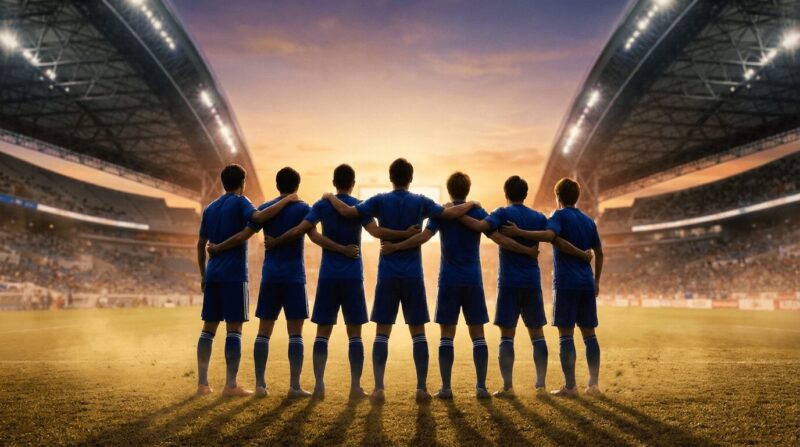 復帰した選手たちが夕日を見ている画像