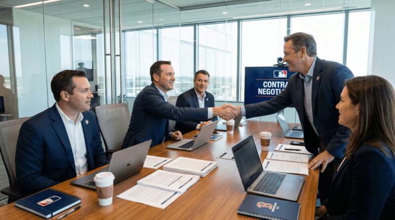 契約合意して握手している画像