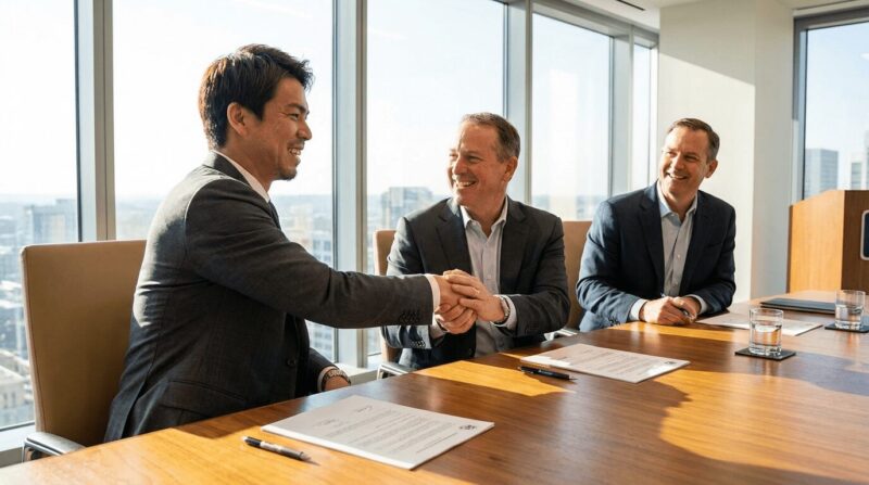 笑顔で握手して契約する選手の画像