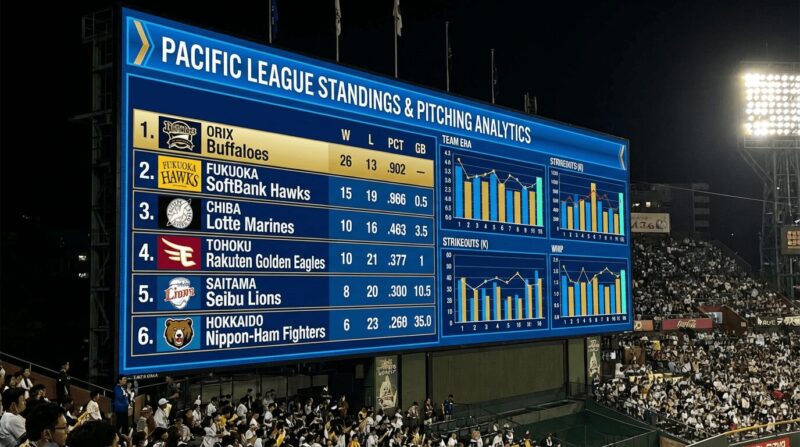 スコアボード上に各球団のランキングが表示されている画像
