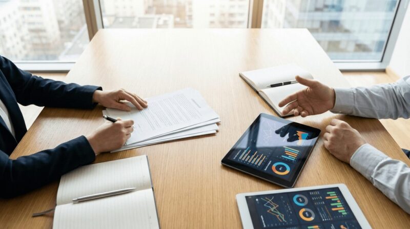 机の上に書類とタブレットを置いて話し合っている画像