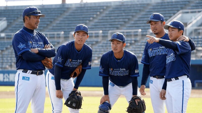 DeNAの選手が集まって相談している画像