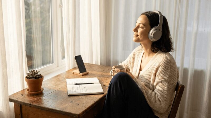 ヘッドホンでラジオを聴いている女性の画像