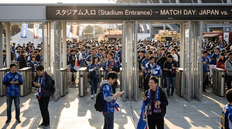 スタジアムの入場ゲートに滞留する大勢のファンの画像