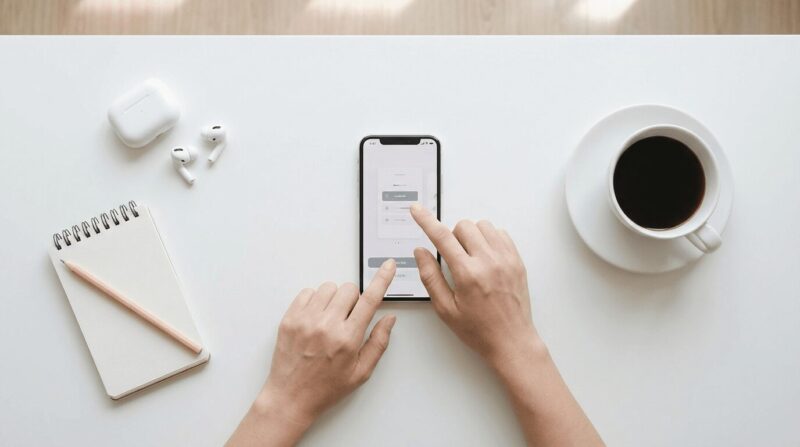 メモとワイヤレスイヤホンとコーヒーのある机の上でスマホを操作する画像