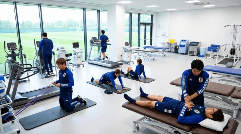 複数の怪我した選手が治療やリハビリを受けている画像