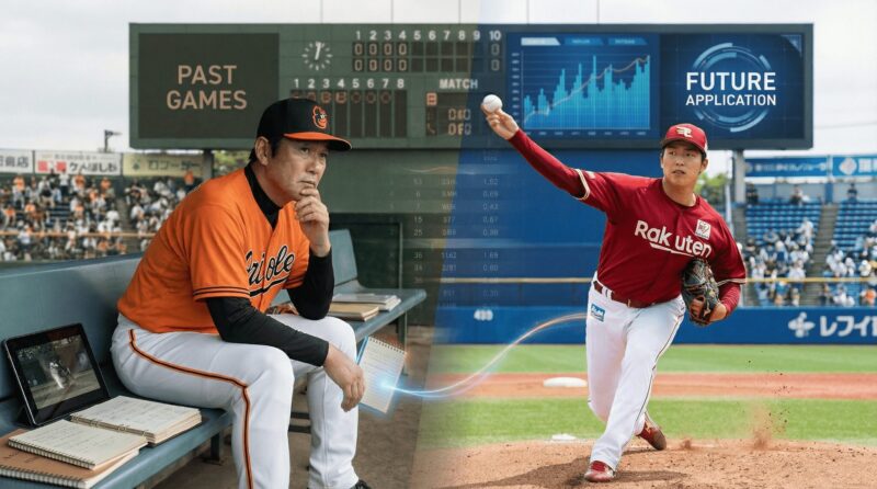 2人の投手、ベンチに座っている投手とマウンドで投げている投手の画像