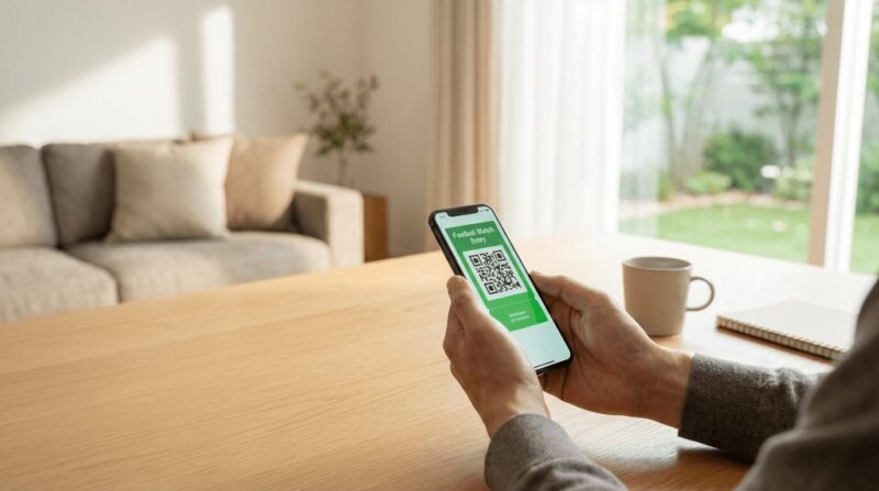 リビングでQRチケットをスマホで見ている画像