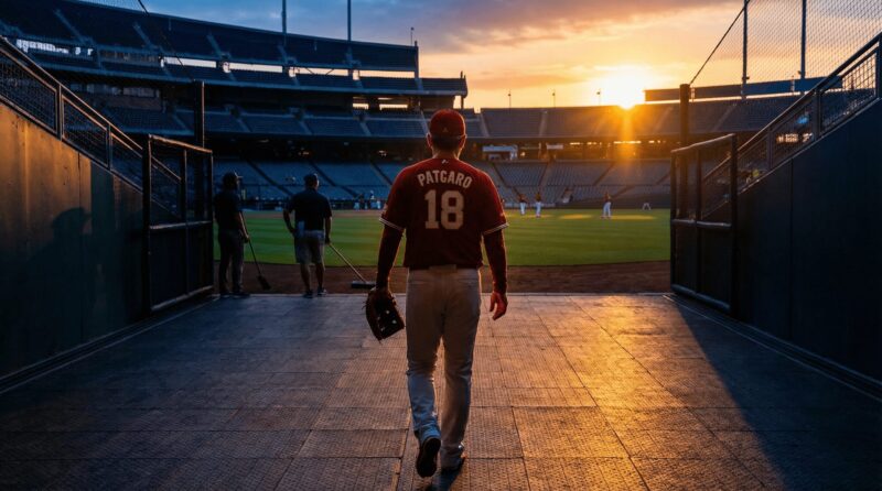 夕陽が落ちる球場のマウンドに歩いて向かう投手の背中の画像