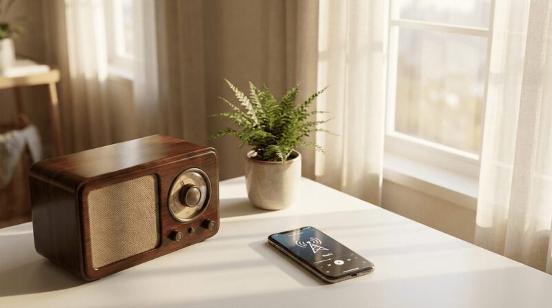 古いラジオとスマホが机の上にある画像