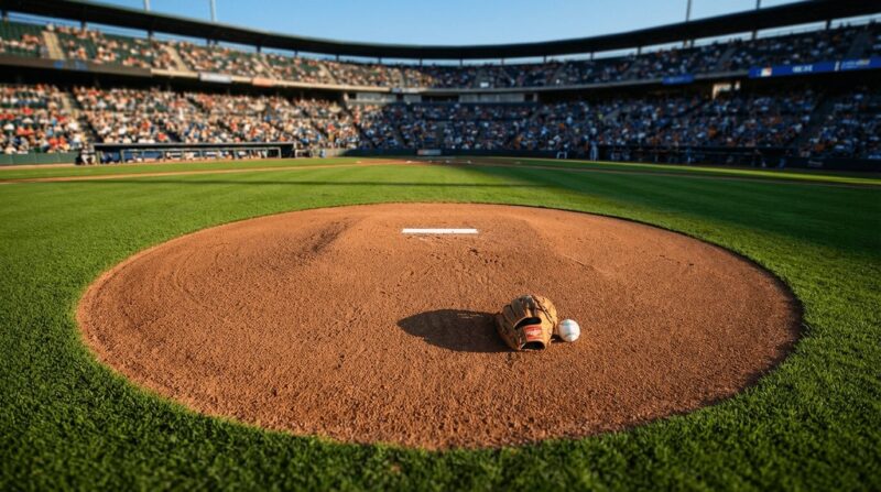 ピッチャーマウンドの上にグローブとボールが一球置いてある画像
