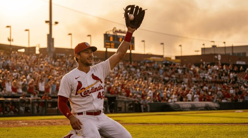 捕球したボールを見せてアウトを取ったことをアピールする外野選手の画像