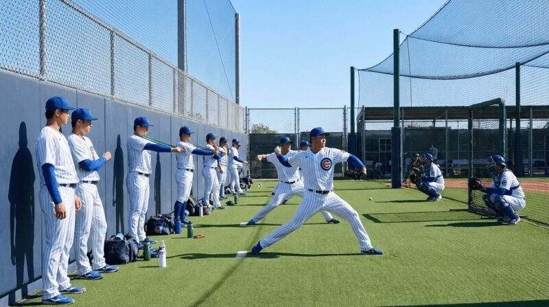 グラウンドで投球練習をするピッチャーたちの画像