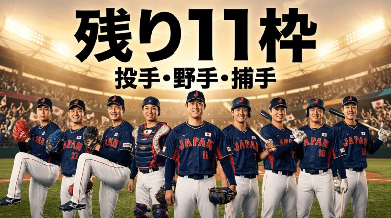 侍ジャパンメンバーが並び、残り１１枠の文字が背景にある画像