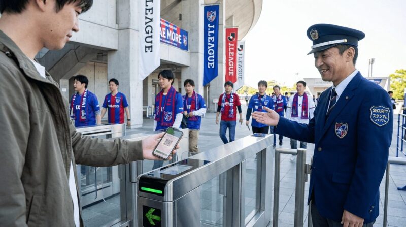 入場ゲートでQRチケットをかざしてスキャンする客の画像