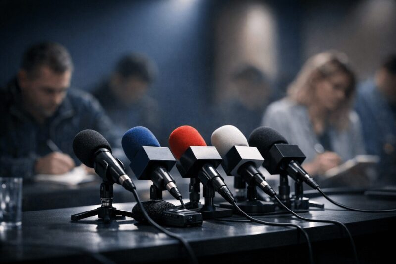 長机にたくさんのマイクが並べられている様子