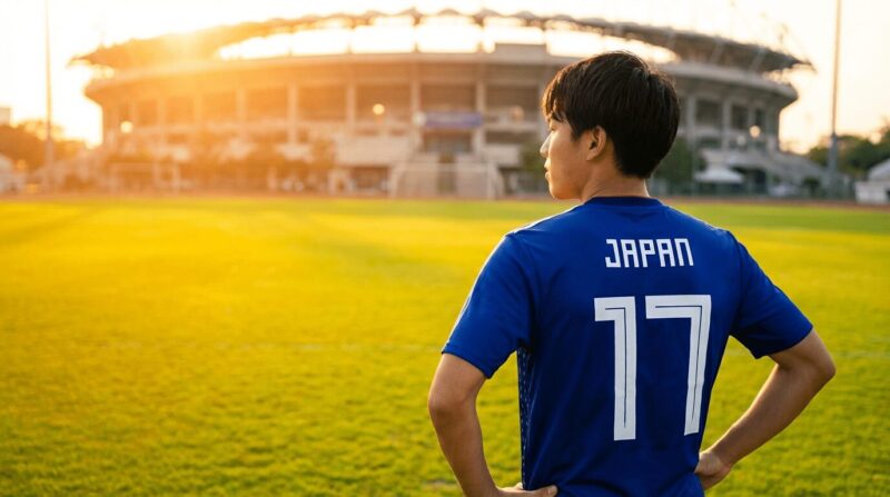 若い日本代表選手の後ろ姿と背景にスタジアムと夕日の画像