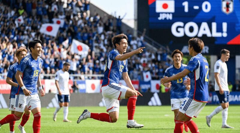 ゴールを決めて喜ぶ代表選手の画像