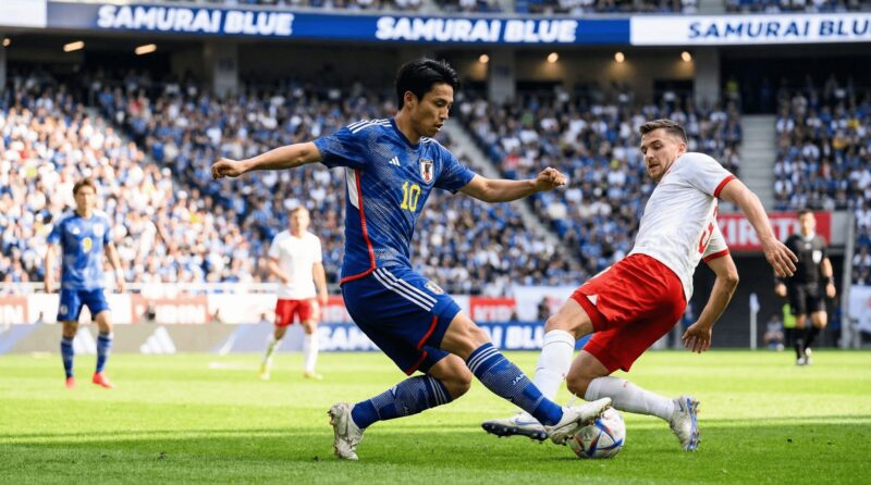 日本代表選手がディフェンダーと1対1をする画像