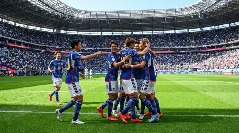 日本代表がゴールして喜んでいる画像