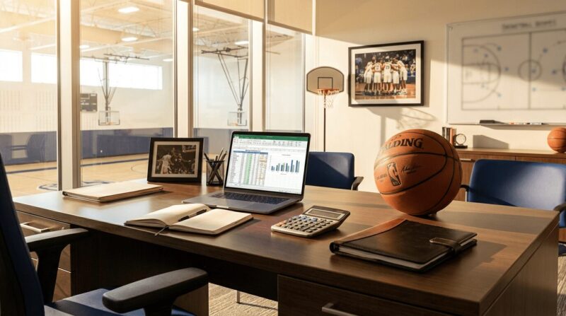 オフィス内の画像、大きな机の上にPCとバスケットボール、書類や本などが置かれている。