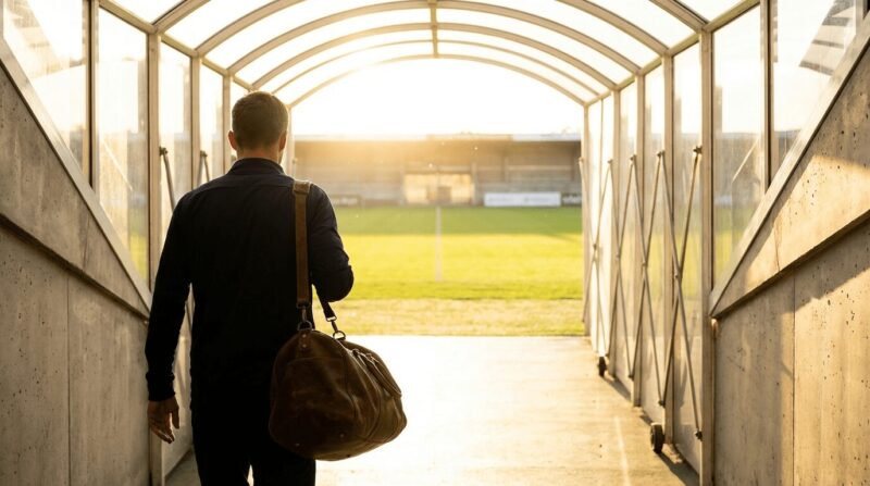 夕焼けのグラウンドとチームを退団する選手の後ろ姿の画像