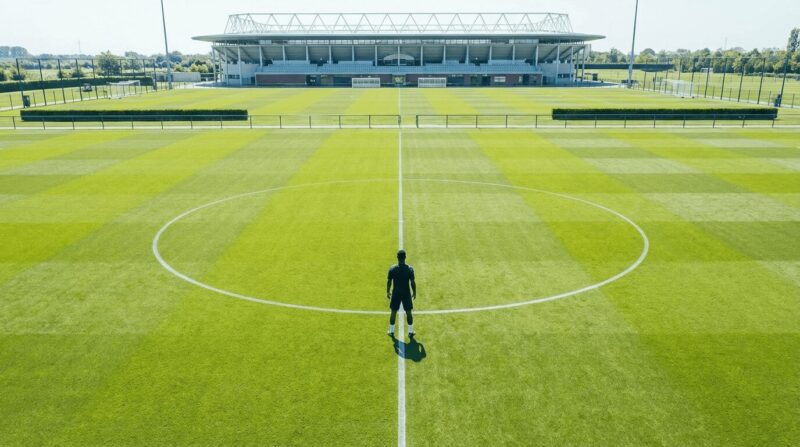 サッカー場で1人で立っている選手の画像