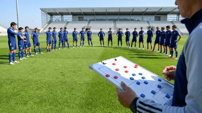 選手を見ながら戦術を考える様子の画像