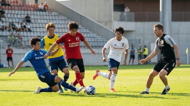 5人のサッカー選手が競っている画像