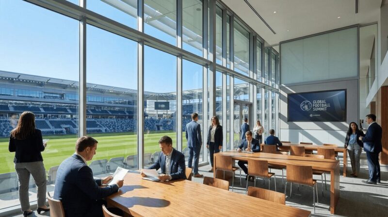 スタジアム内に設置されたワークスペースで仕事をする関係者の画像