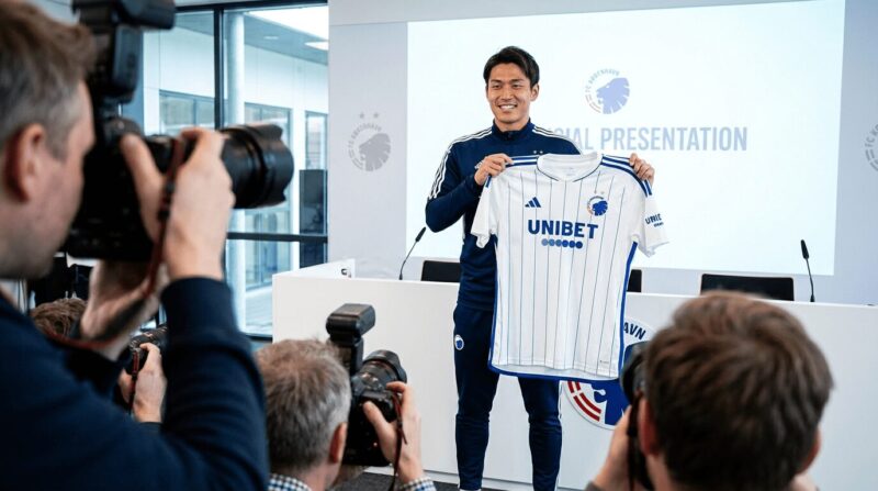 ヨーロッパのクラブへの移籍が決ま理、カメラの前で喜ぶ選手の画像