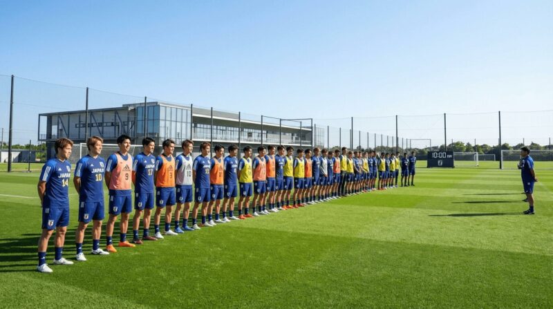 たくさんのサッカー選手が集められて整列している画像