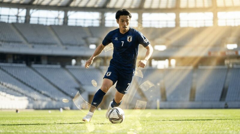 スタジアムのピッチ上でプレーするサッカー選手とお金の画像