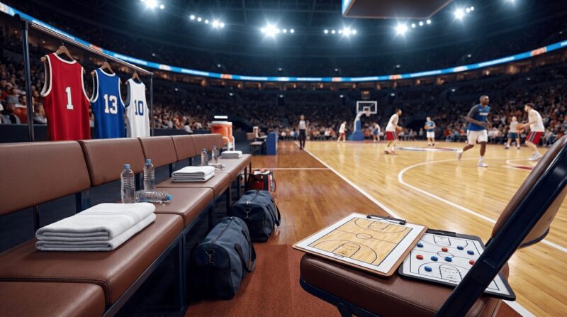 ベンチサイドからコート内の試合を見ている画像