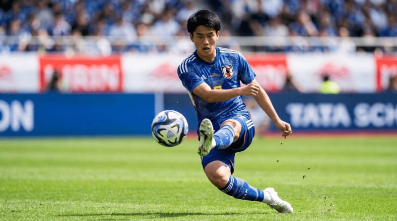 パスを出す若い日本代表選手の画像